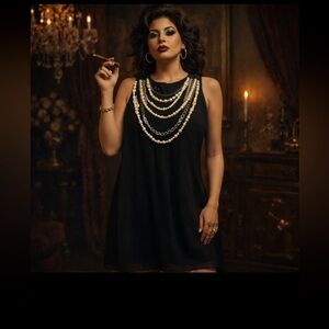 London Times mob wife funeral Black Sleeveless Dress w pearl necklace sz 6